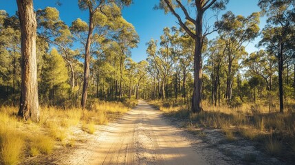 Fototapeta premium A rugged sandy bush track cuts through the outback forest, with tall trees and a clear blue sky creating a sense of adventure