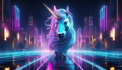 A vibrant, futuristic unicorn with glowing colors stands in a neon-lit cityscape, blending fantasy and technology in a dazzling display.