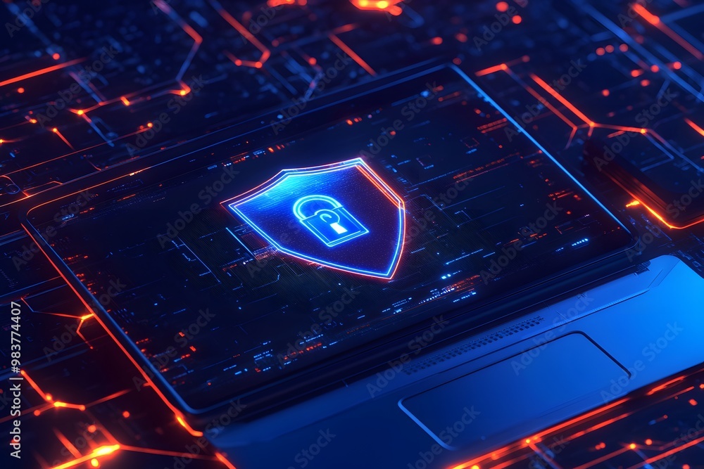 Aufkleber laptop with a digital shield and lock on the screen, signifying data protection in a cybersecurity c