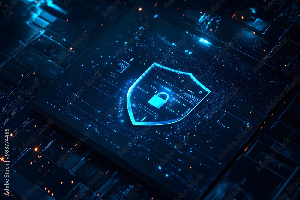 Poster laptop with a digital shield and lock on the screen, signifying data protection in a cybersecurity c