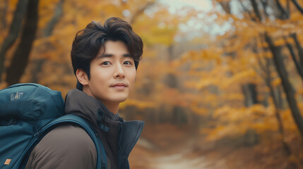 秋の紅葉の森を背景に、若い韓国人男性が登山とハイキングを楽しむアウトドア写真