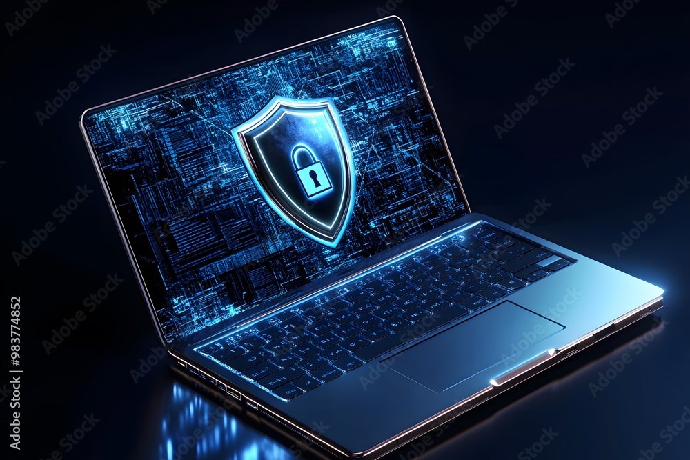 Poster laptop with a digital shield and lock on the screen, signifying data protection in a cybersecurity c