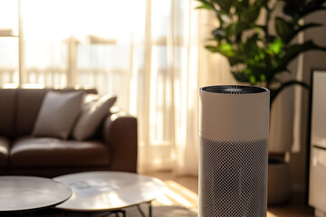 The air purifier in the living room effectively removes fine dust and protects against PM 2.5 dust and air pollution.