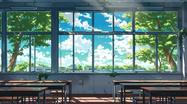 Bright empty classroom filled with warm sunlight streaming through the window on a clear sunny day
 Seamless looping 4k time-lapse virtual video animation Generated AI