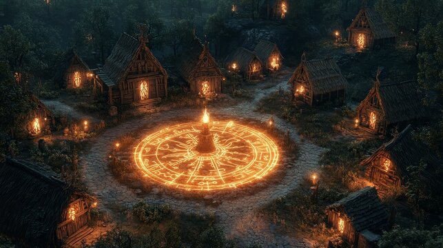 A mystical village in a perfect circle, with glowing runes etched around a central magical well, cottages designed with fantasy motifs