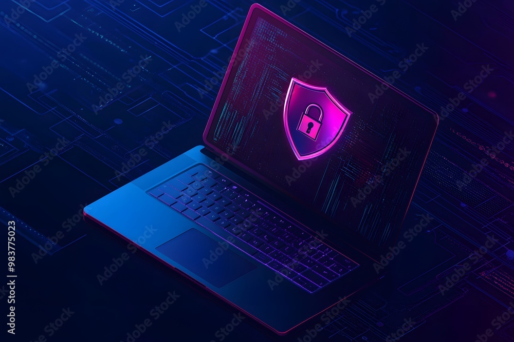 Poster laptop with a digital shield and lock on the screen, signifying data protection in a cybersecurity c