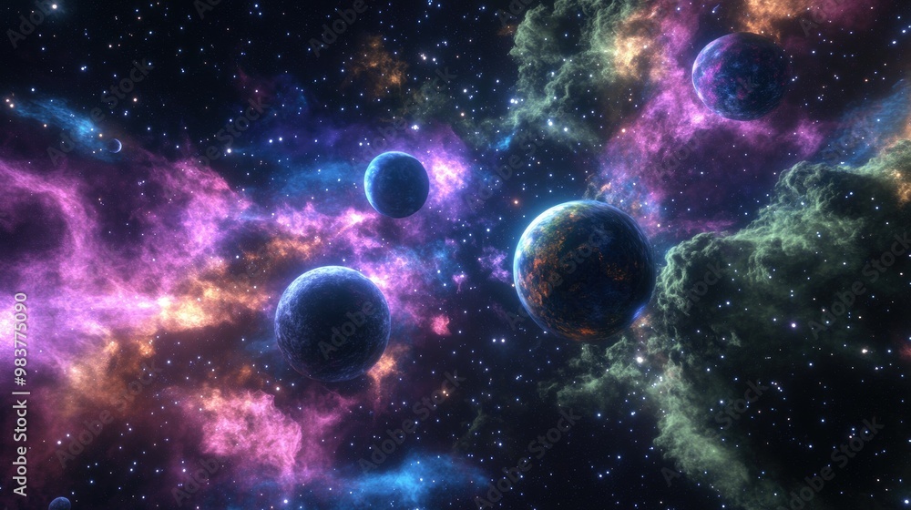 Poster a cosmic scene of planets floating above glowing nebulae, surrounded by distant stars in the infinit