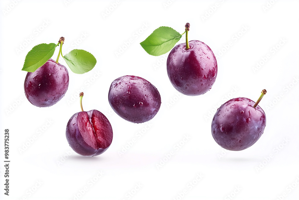 Poster bunch of plums are floating in the air, with some of them falling to the ground. the plums are of di