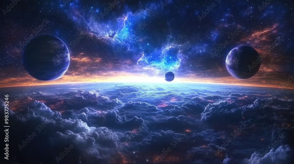 Poster a cosmic scene of planets floating above glowing nebulae, surrounded by distant stars in the infinit