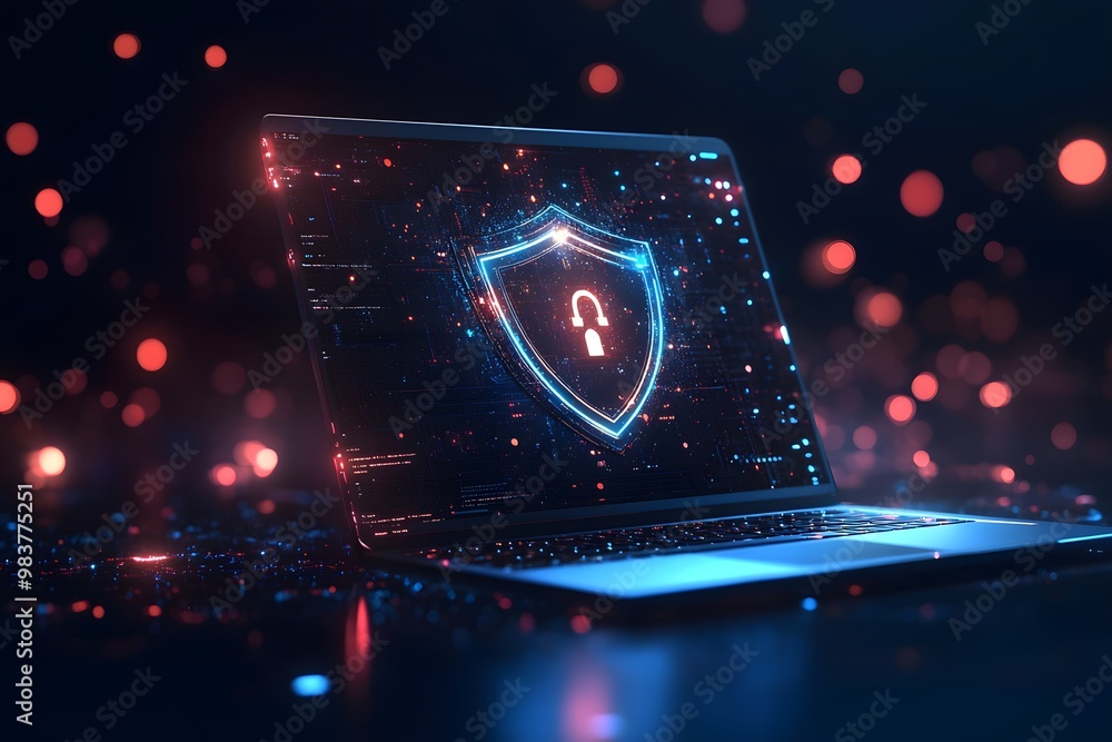 Poster laptop with a digital shield and lock on the screen, signifying data protection in a cybersecurity c