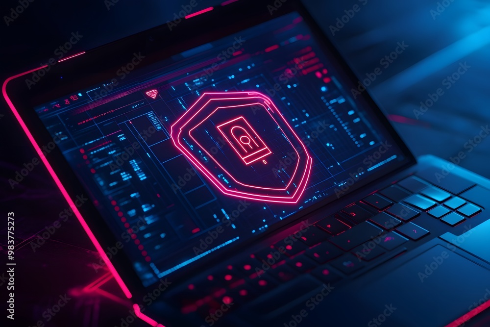 Poster laptop with a digital shield and lock on the screen, signifying data protection in a cybersecurity c