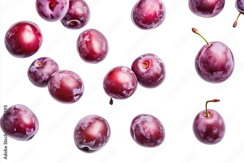 Poster bunch of plums are floating in the air, with some of them falling to the ground. the plums are of di