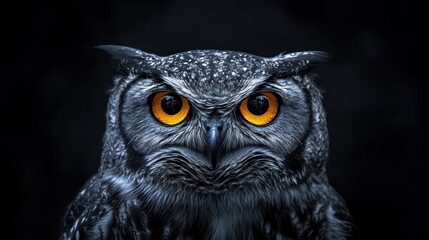 Obraz premium A close-up of an owl with striking orange eyes against a dark background.