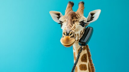 Obraz premium A whimsical image of a giraffe holding a telephone against a teal background. The cute and quirky giraffe is humorously making a phone call.
