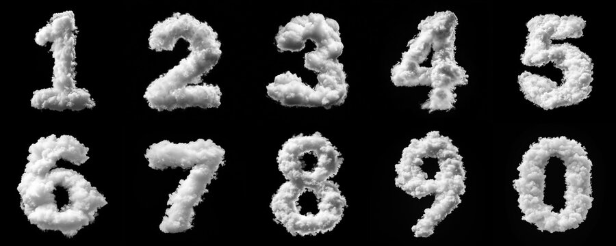set of white cloud numbers: 1, 2, 3, 4, 5, 6, 7, 8, 9, 0. isolated on black background