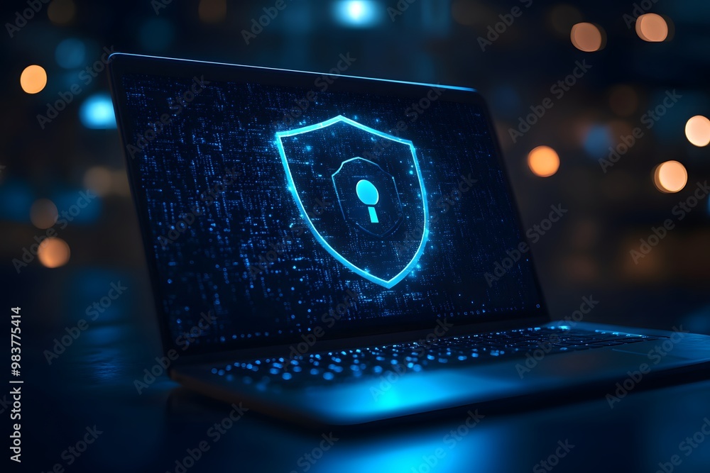 Aufkleber laptop with a digital shield and lock on the screen, signifying data protection in a cybersecurity c