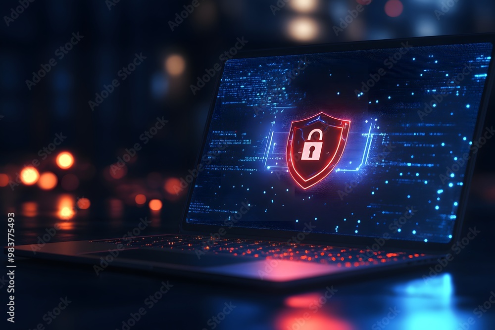 Aufkleber laptop with a digital shield and lock on the screen, signifying data protection in a cybersecurity c