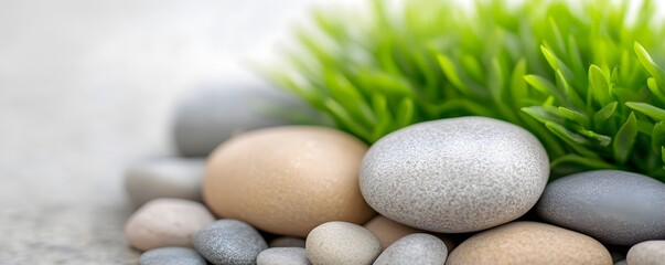 Lush Moss Embracing Smooth Stones - Serene Close-Up of Natures Balanced Composition in Tranquil Greenery Perfect for Eco-Friendly and Nature-Themed Projects