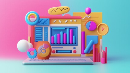 Naklejka premium Seo optimization concept 3D illustration. Icon composition with data statistics at laptop screen, traffic increase, target, calendar, diagram and other. Vector illustration for modern web design