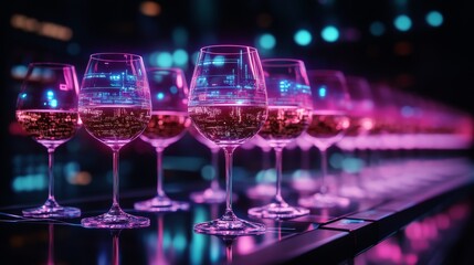 A ring of wine glasses on a sleek metallic table, with augmented reality wine data floating above each glass, neon-lit background, cyberpunk vibe, 3D digital art