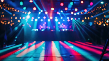A vibrant dance floor illuminated by colorful lights, creating an energetic atmosphere.