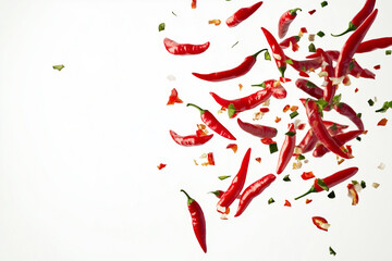 bunch of red peppers are flying through the air. The peppers are scattered all over the image, with some of them being broken and others still whole. The scene gives off a sense of chaos