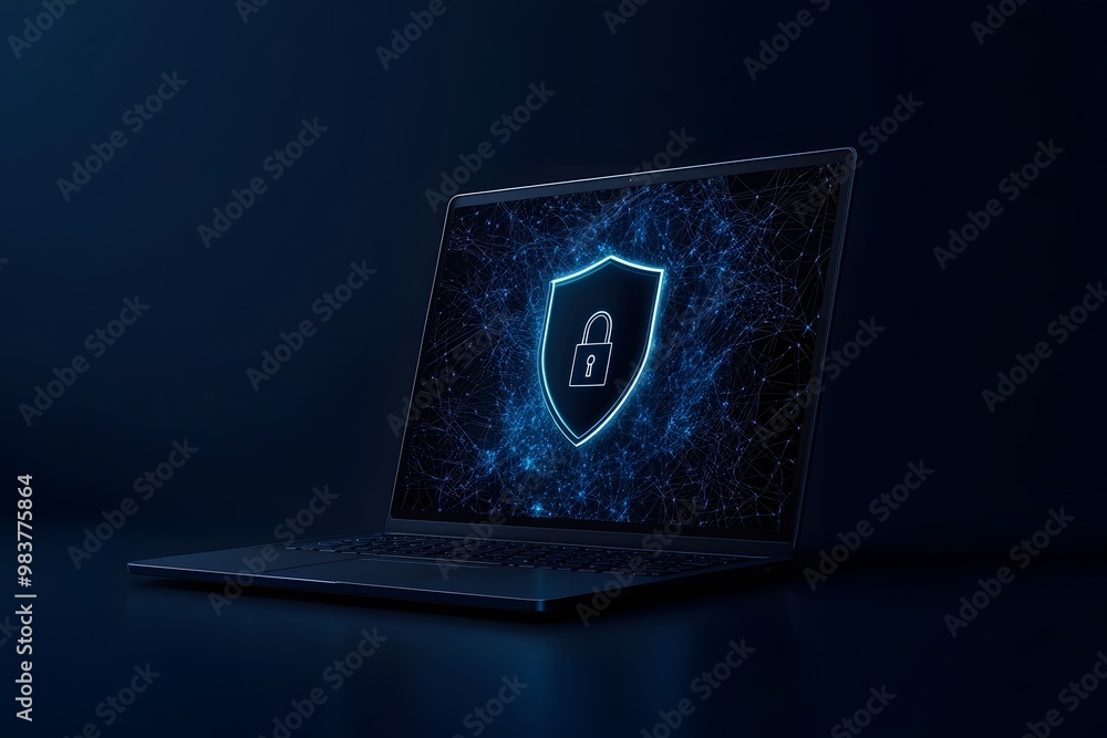 Poster laptop with a digital shield and lock on the screen, signifying data protection in a cybersecurity c