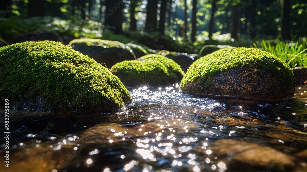 Poster close-up view of a stream flowing over mossy rocks in a lush forest.