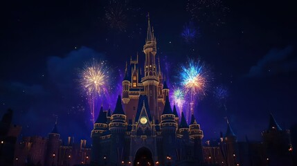 A majestic castle illuminated by fireworks against a night sky.