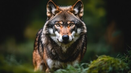 Obraz premium A close-up of a wolf in a natural setting, showcasing its intense gaze and detailed fur.