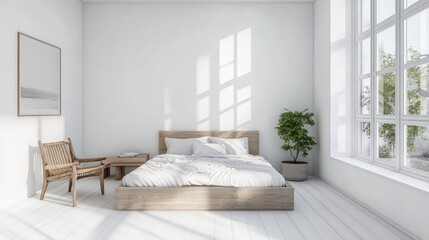 Fototapeta premium A minimalist bedroom featuring a bed, chair, and plant, emphasizing tranquility and simplicity.