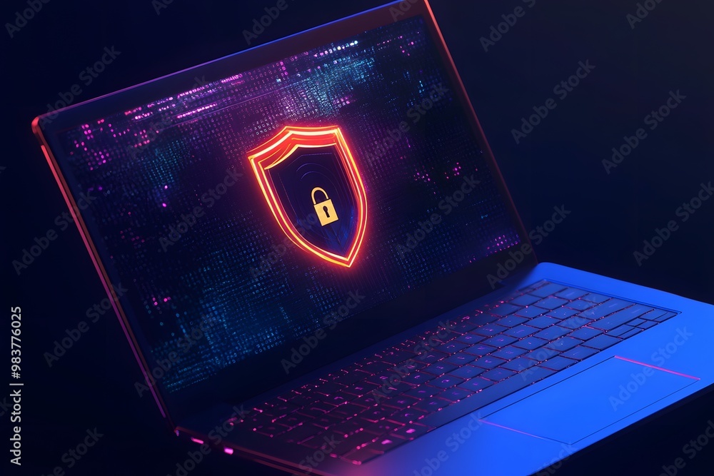 Aufkleber laptop with a digital shield and lock on the screen, signifying data protection in a cybersecurity c