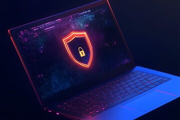Laptop with a digital shield and lock on the screen, signifying data protection in a cybersecurity concept.