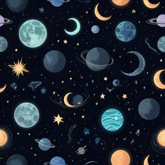 Fototapeta premium Seamless pattern of mystical celestial objects like crescent moons, stars, and planets with glowing outlines, set against a deep, dark space background