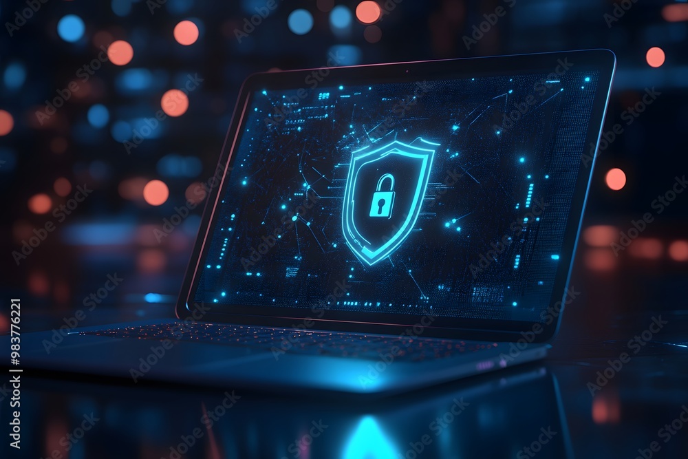 Poster laptop with a digital shield and lock on the screen, signifying data protection in a cybersecurity c