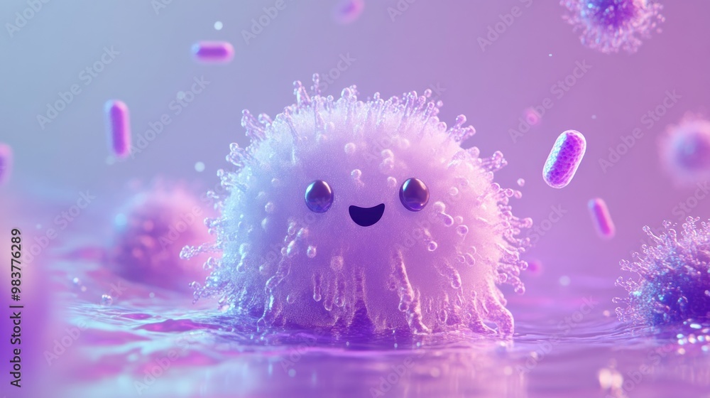 Poster a whimsical depiction of colorful microorganisms with cheerful expressions in a vibrant setting.