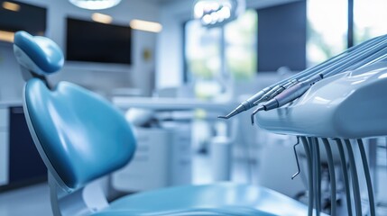 Fototapeta premium A dentist's chair in a well-lit, modern clinic with dental hygiene instruments laid out for treatment. Professional setting for oral care