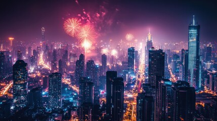 Obraz premium A vibrant city skyline illuminated by fireworks at night.