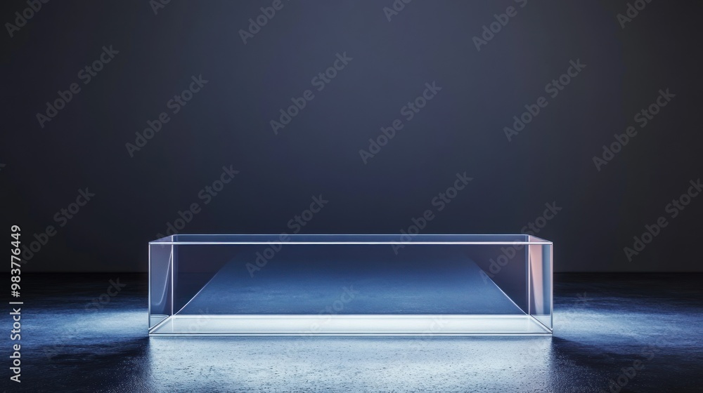 Poster a transparent display case on a dark surface, highlighting minimalism and focus.