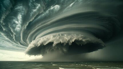 Fototapeta premium A powerful La Niña storm over the Pacific Ocean, with dark, swirling clouds and high winds creating massive waves. The ocean looks cold and turbulent under the stormy sky.