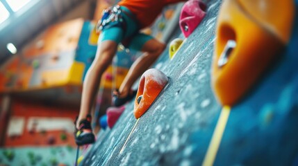 A climber scaling a colorful indoor rock wall, showcasing athleticism and adventure.