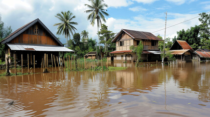a flooded house with a house on the side of it
