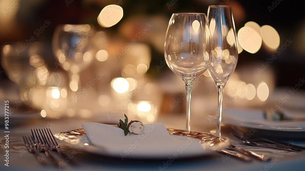 Canvas Prints Elegant dining setup with glasses, a plate, and soft lighting for a special occasion.