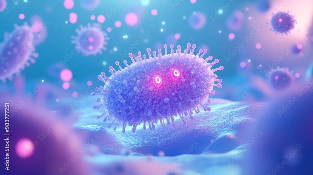 Poster a microscopic view of bacteria with glowing features in a colorful environment.