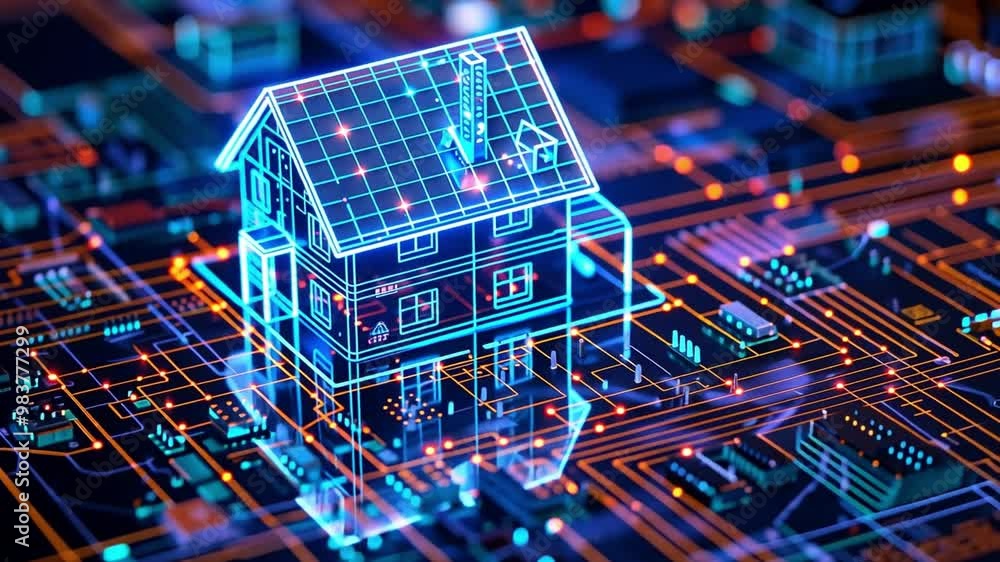 Poster a futuristic home design is displayed prominently over a vibrant circuit board backdrop, highlightin