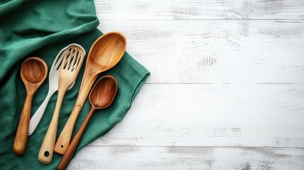 A green tablecloth and cooking utensils spread on a white wooden table, leaving empty space in the middle for text or product montage.