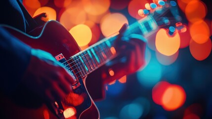 Obraz premium A musician playing guitar, surrounded by colorful bokeh lights.
