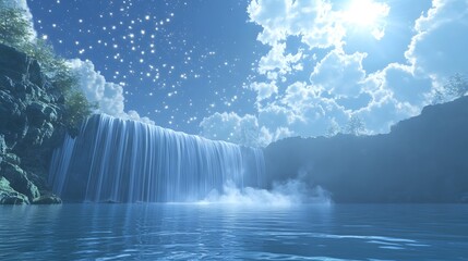 A tranquil minimalist 3D waterfall scene with water gently cascading into a pool as the sky above is bright blue with soft white clouds and stars twinkling like fireflies