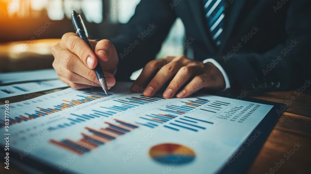 Poster a person analyzing business charts and graphs with a pen in a professional setting.