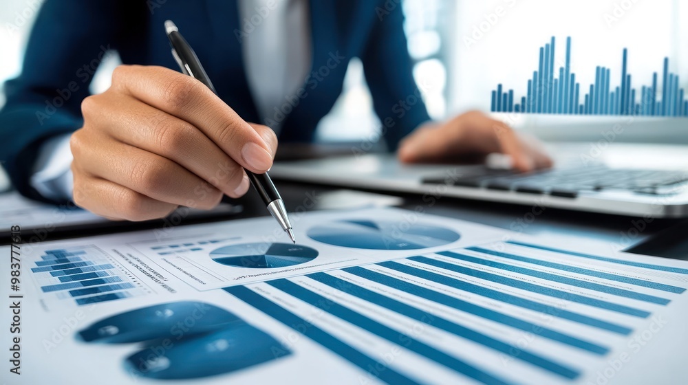 Poster a business professional analyzes data charts and graphs on a desk with a laptop.
